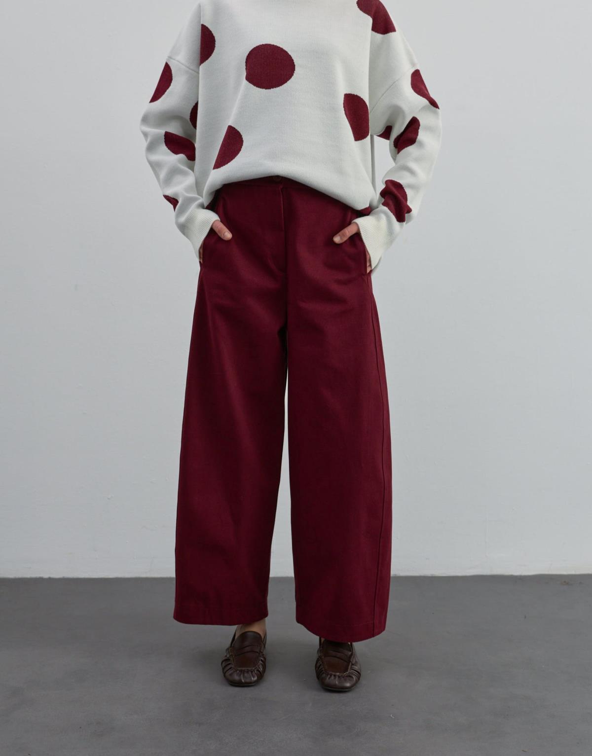 Bol Kesim Gabardin Pantolon Bordo - Bordo