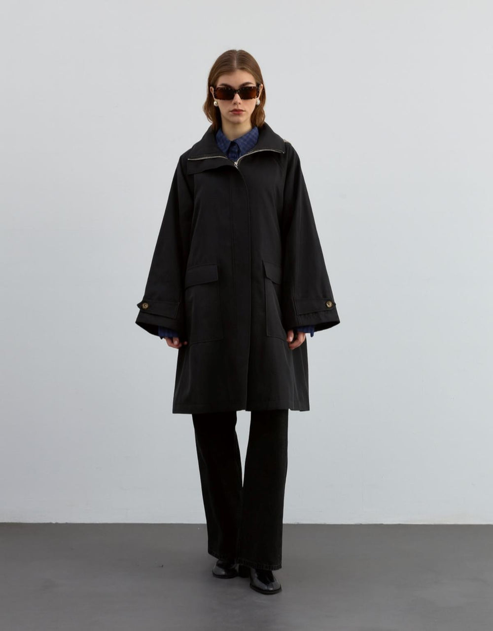 Kapüşonlu Fermuarlı Trenç Siyah - Siyah