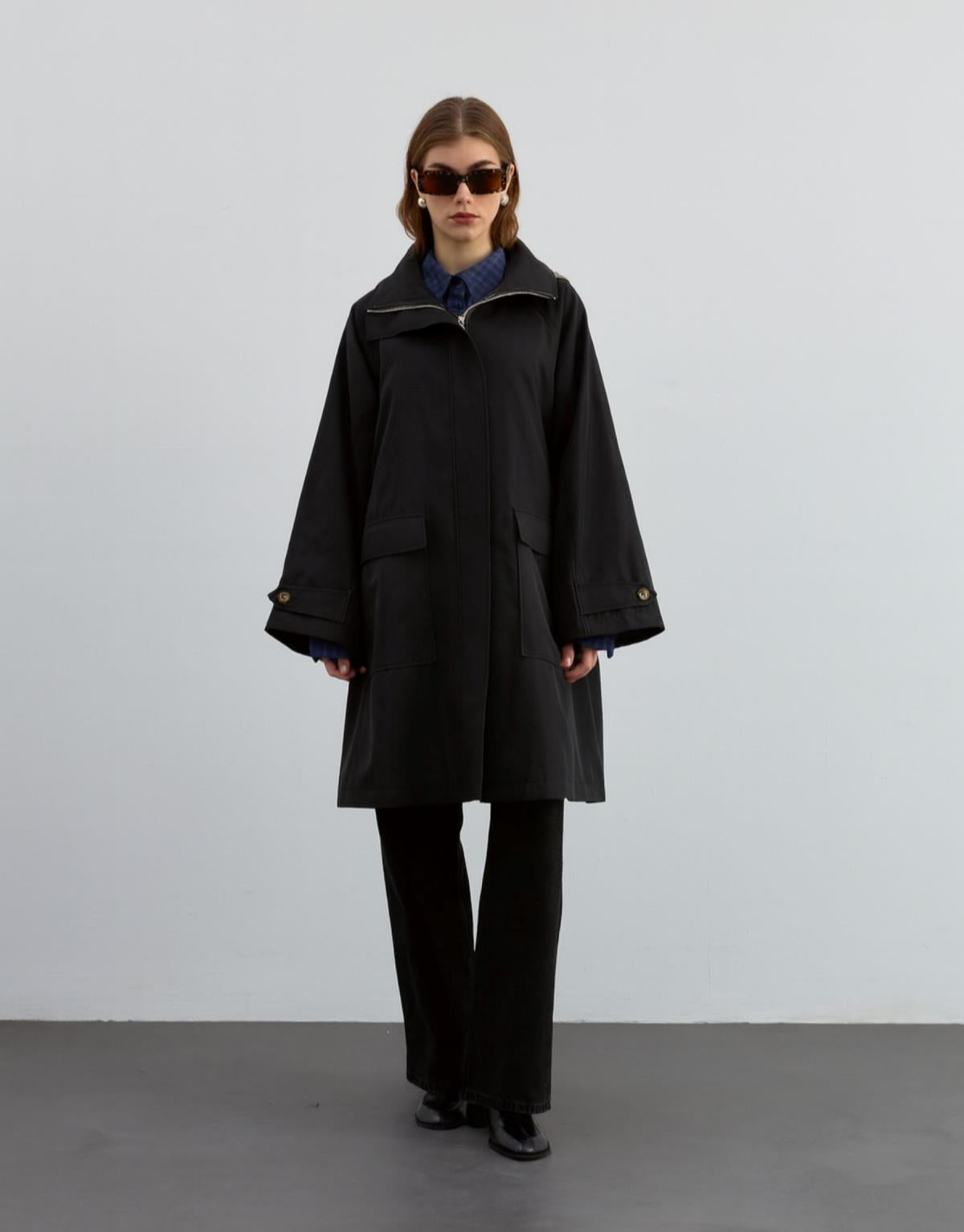 Kapüşonlu Fermuarlı Trenç Siyah - Siyah