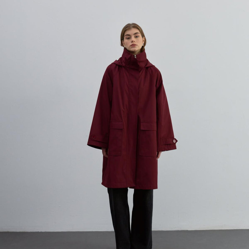 Kapüşonlu Fermuarlı Trenç Bordo - Bordo