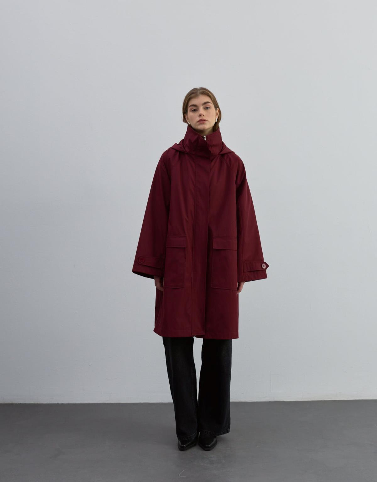 Kapüşonlu Fermuarlı Trenç Bordo - Bordo