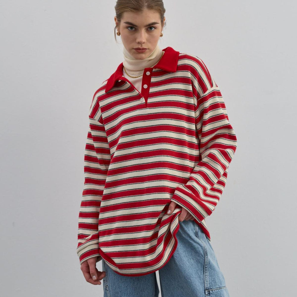 Düğmeli Çizgili Triko Kırmızı - Kırmızı