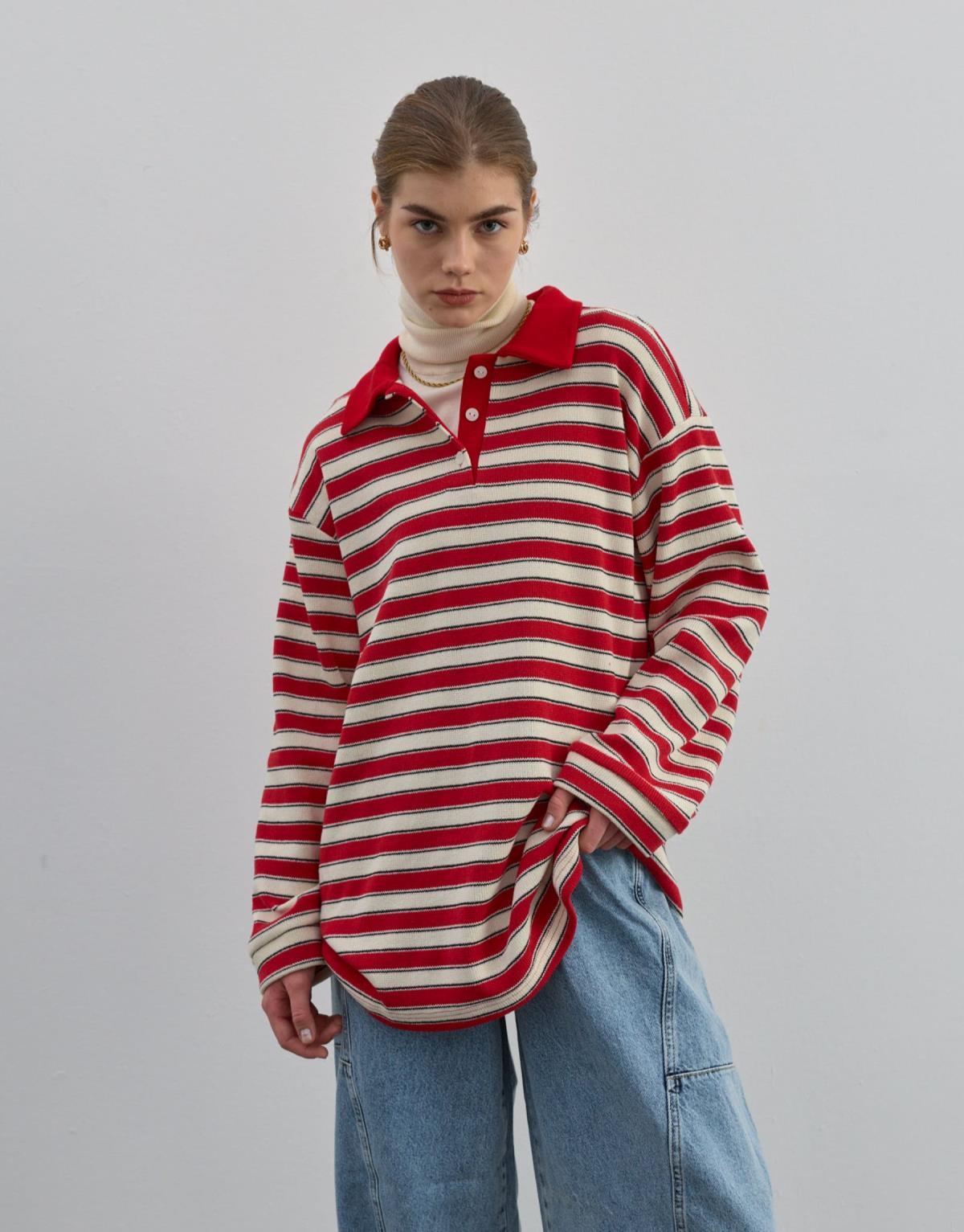 Düğmeli Çizgili Triko Kırmızı - Kırmızı