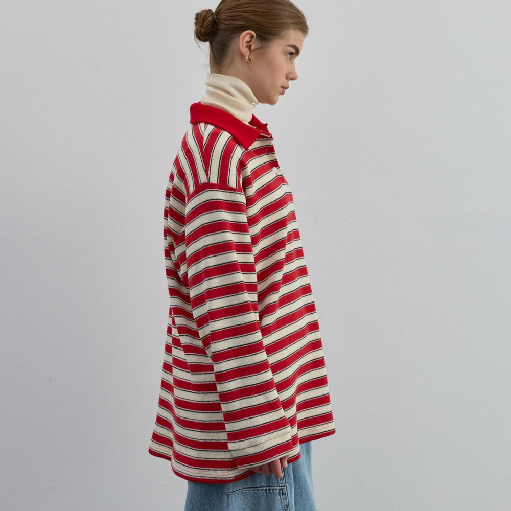 Düğmeli Çizgili Triko Kırmızı - Kırmızı