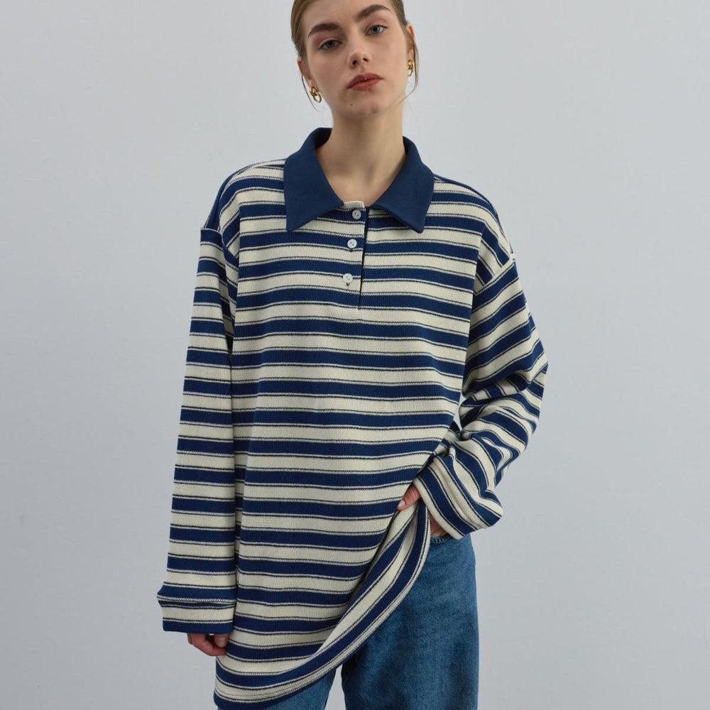 Düğmeli Çizgili Triko Mavi - Mavi