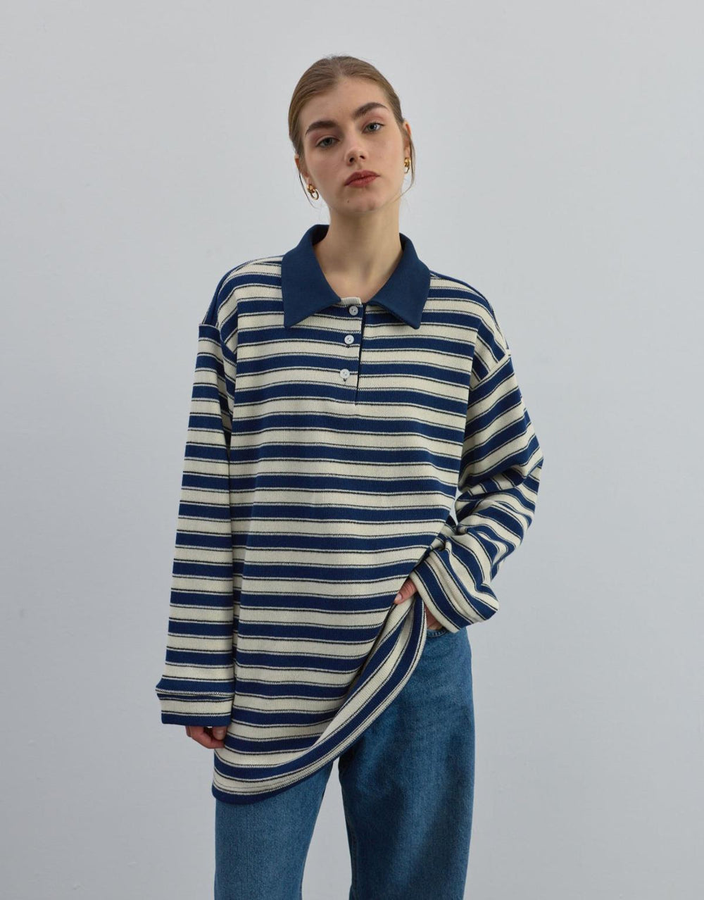 Düğmeli Çizgili Triko Mavi - Mavi