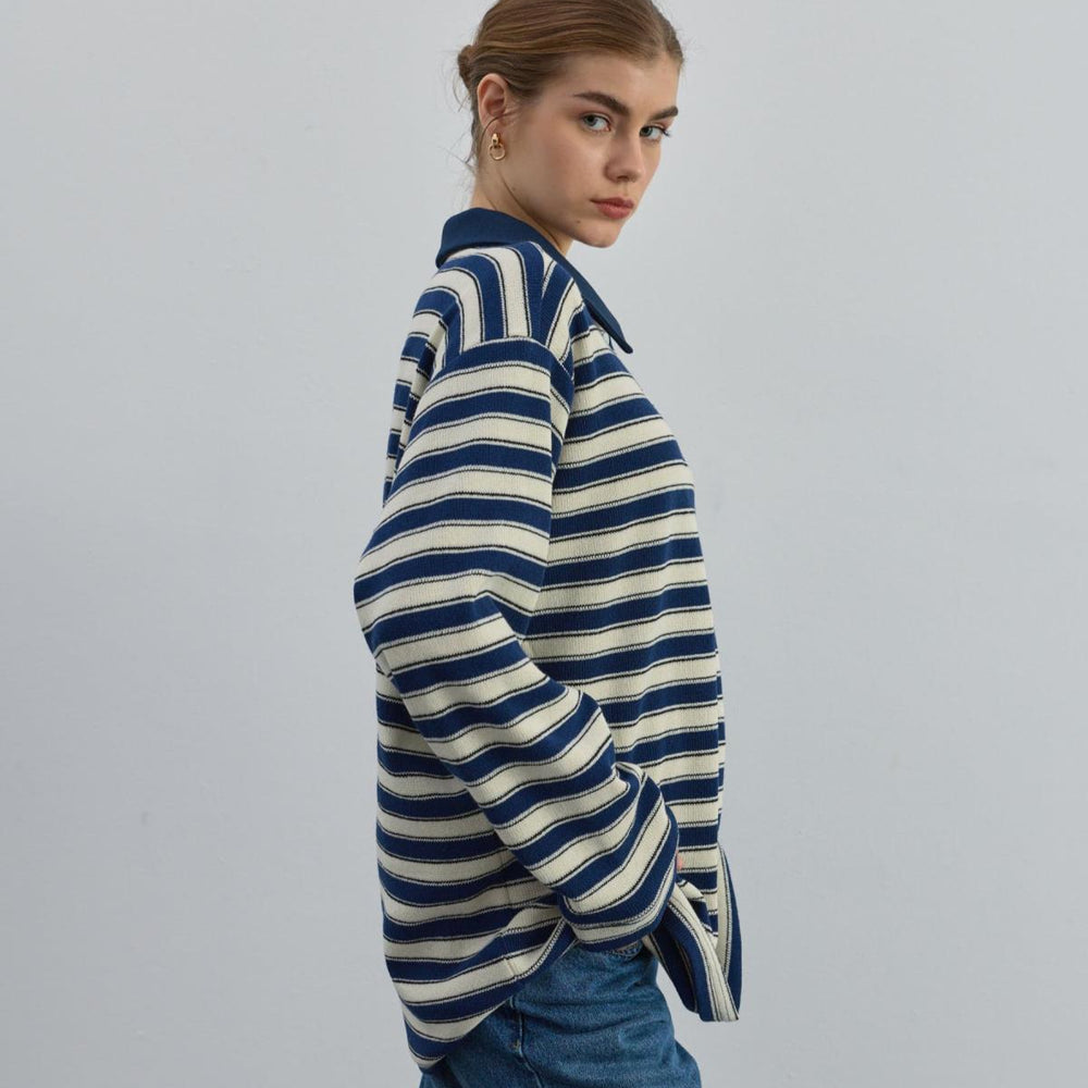 Düğmeli Çizgili Triko Mavi - Mavi