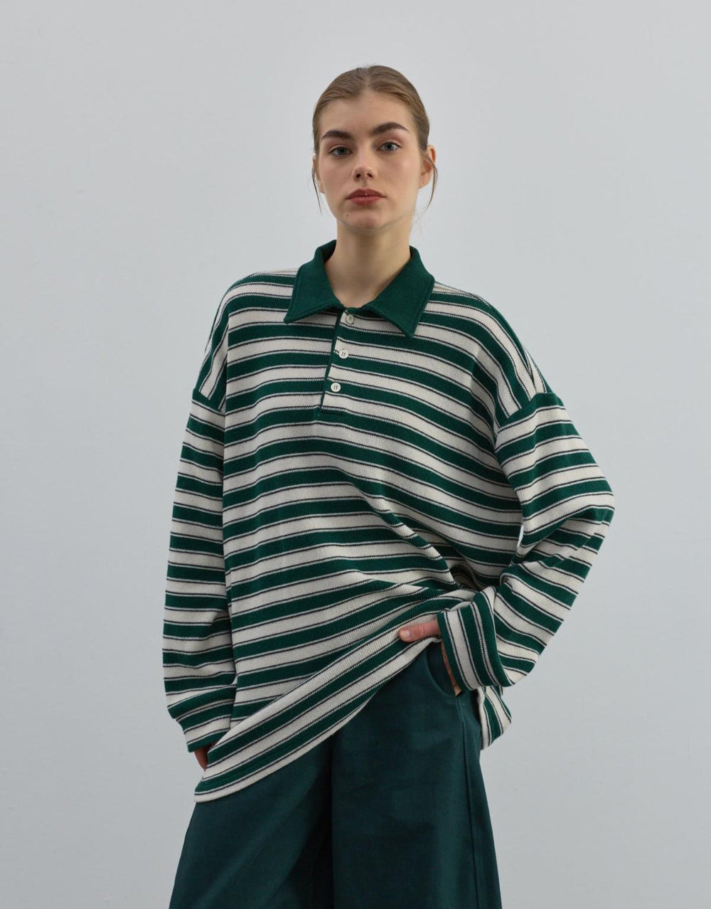 Düğmeli Çizgili Triko Yeşil - Yeşil