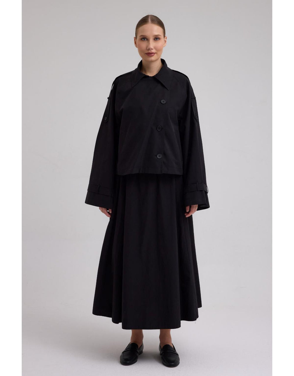 Kruvaze Kısa Trenç Siyah - Siyah