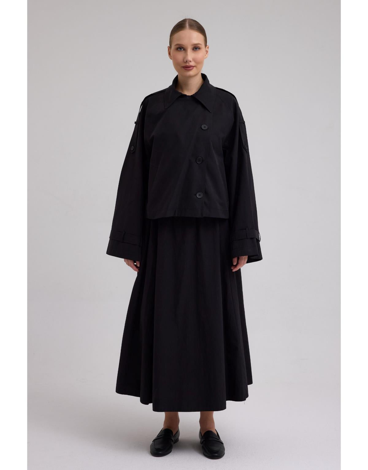 Kruvaze Kısa Trenç Siyah - Siyah