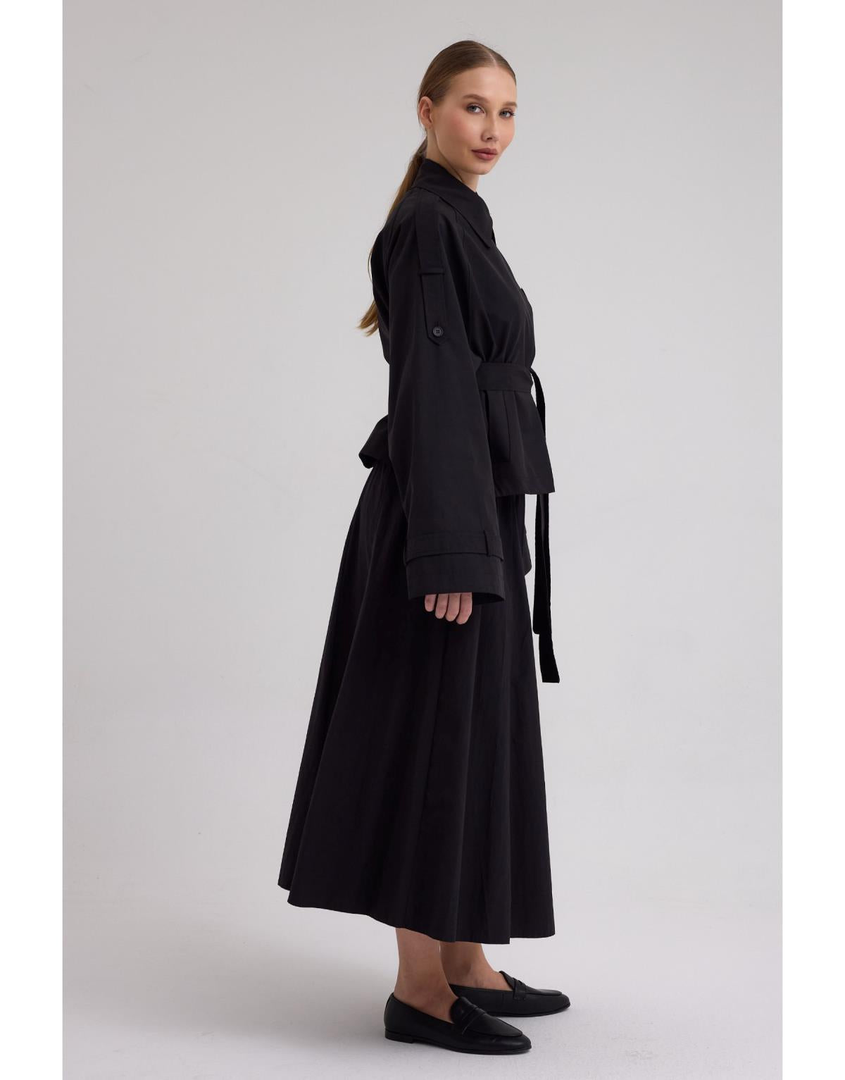 Kruvaze Kısa Trenç Siyah - Siyah