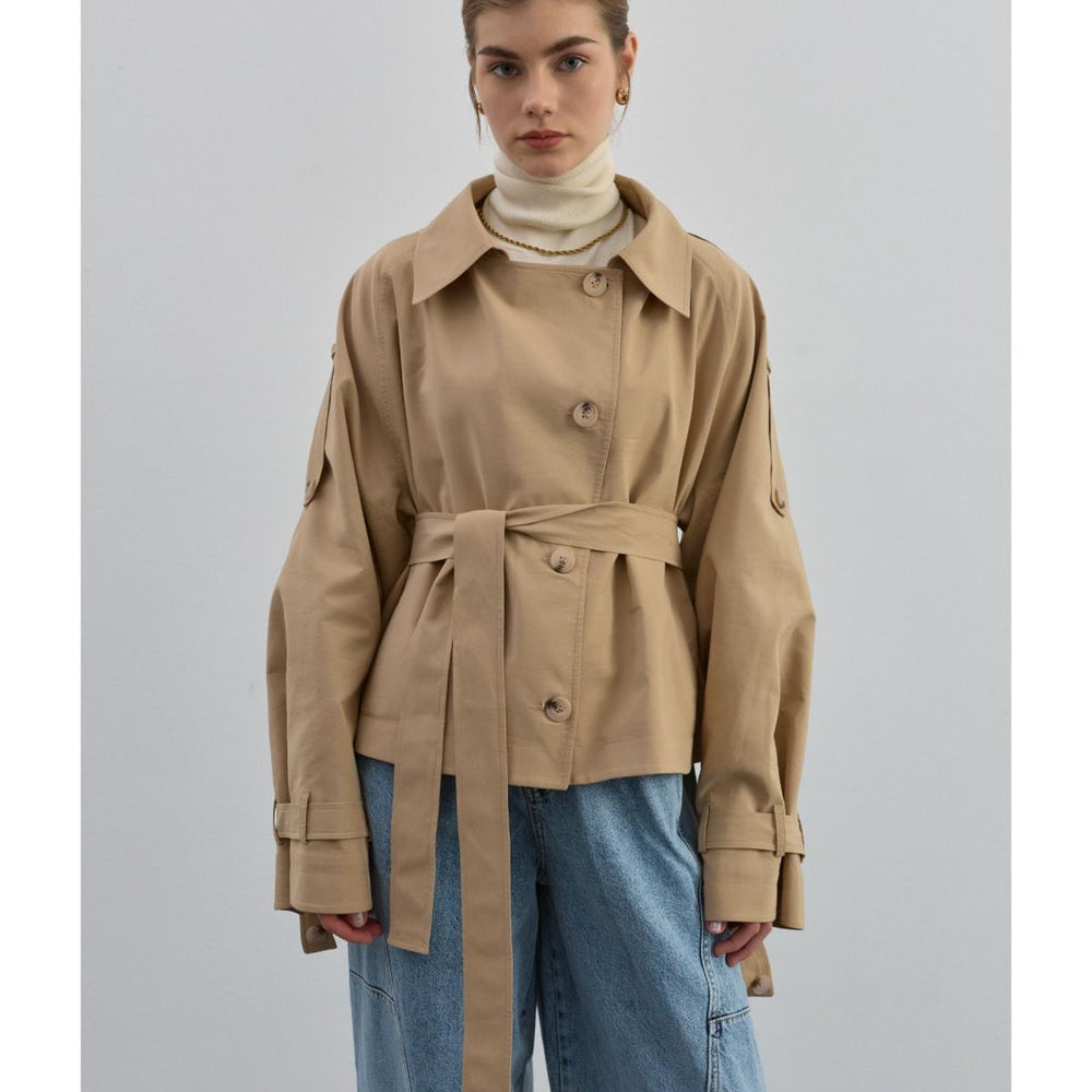 Kruvaze Kısa Trenç Bej - Bej