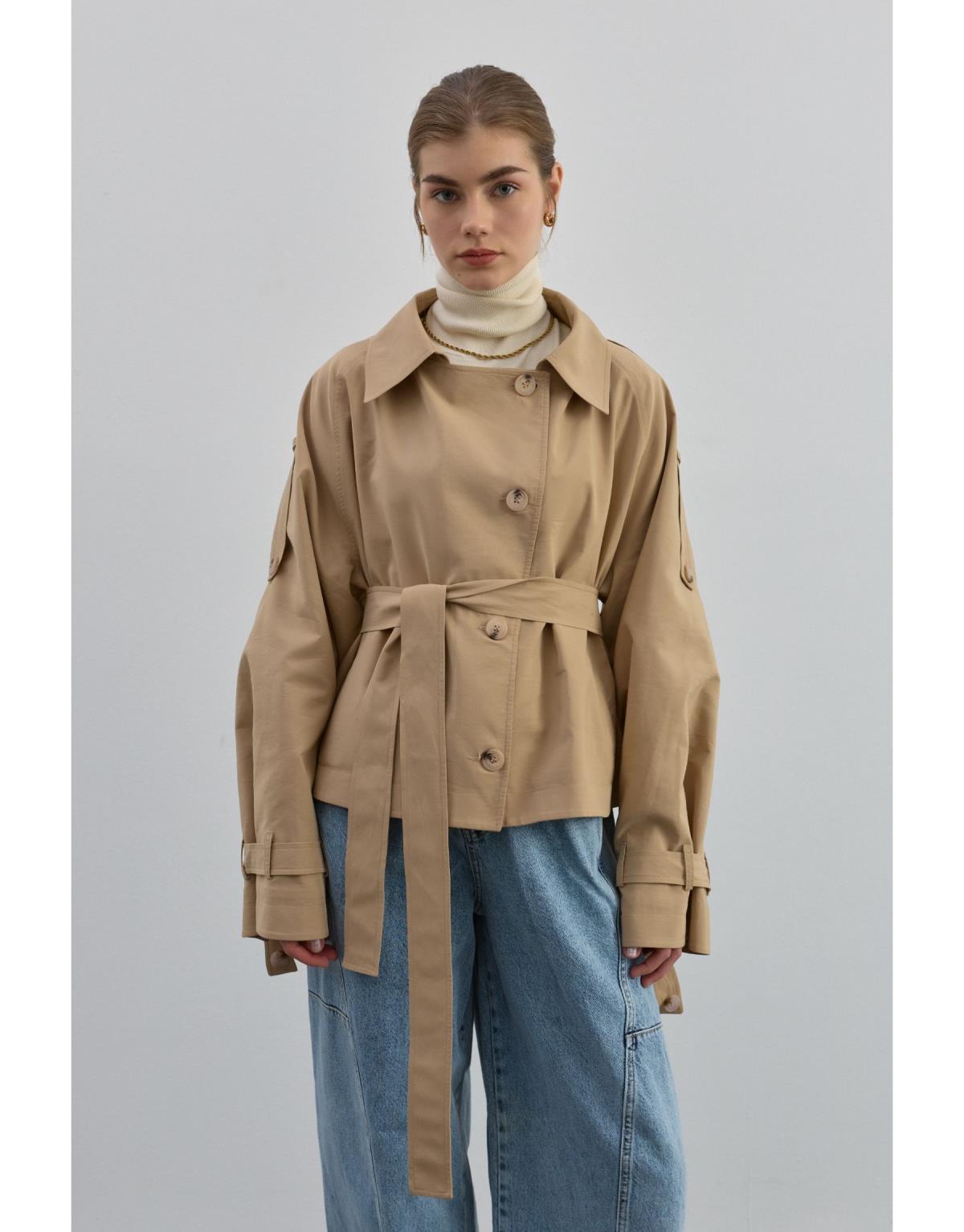 Kruvaze Kısa Trenç Bej - Bej