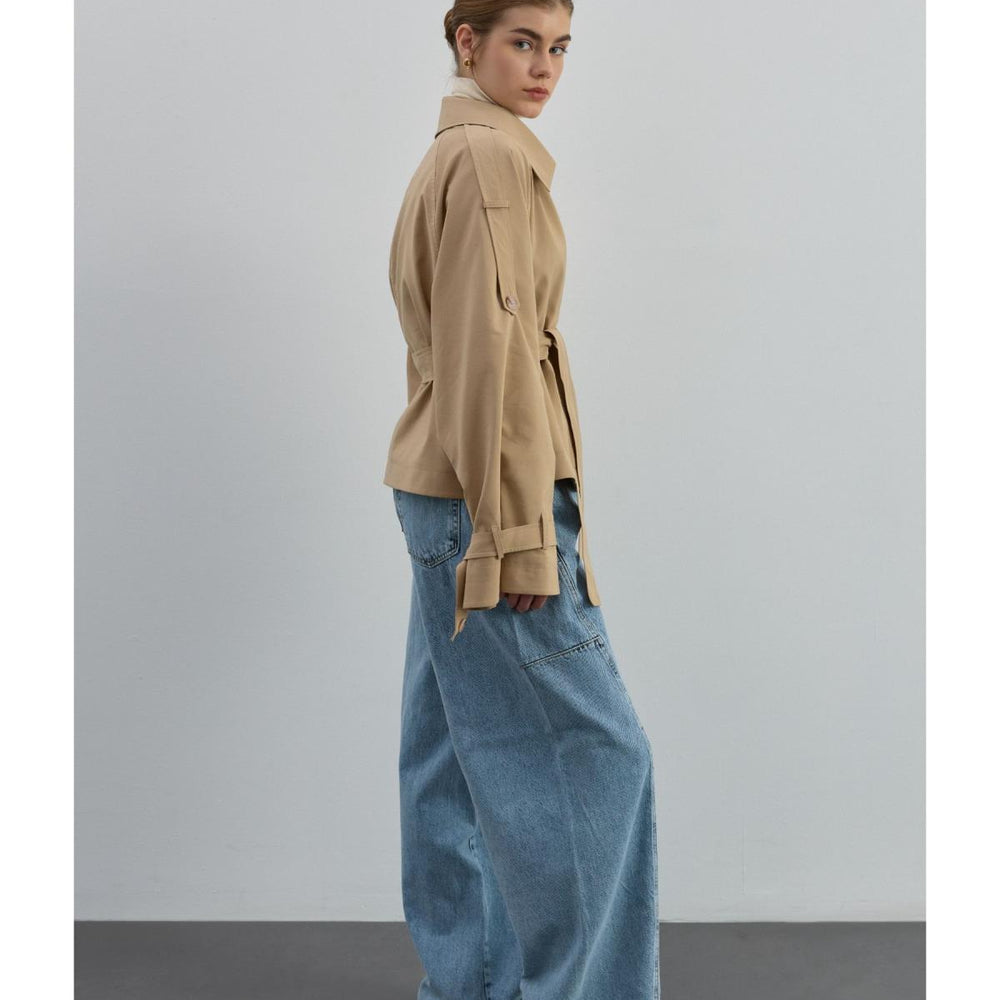 Kruvaze Kısa Trenç Bej - Bej