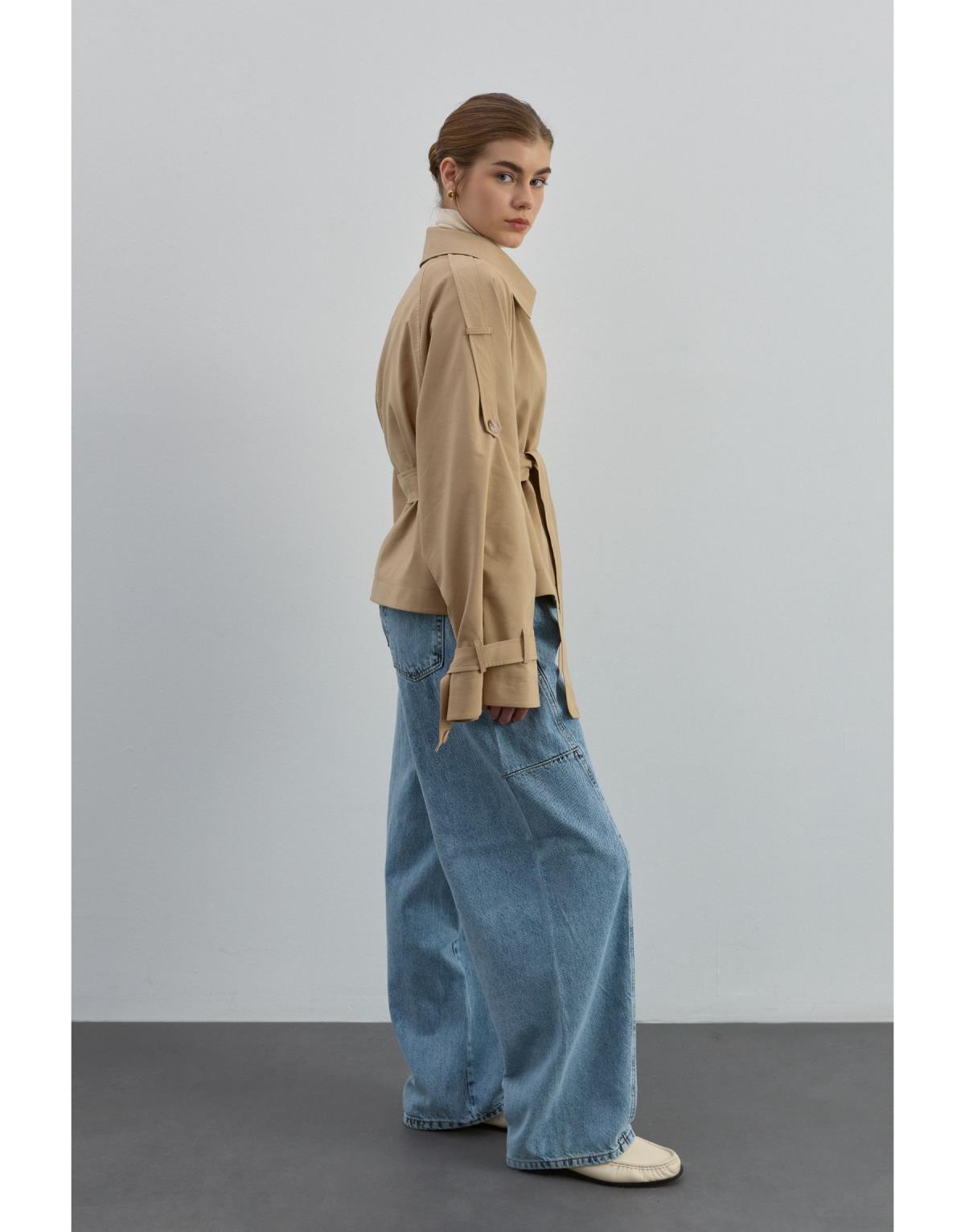 Kruvaze Kısa Trenç Bej - Bej