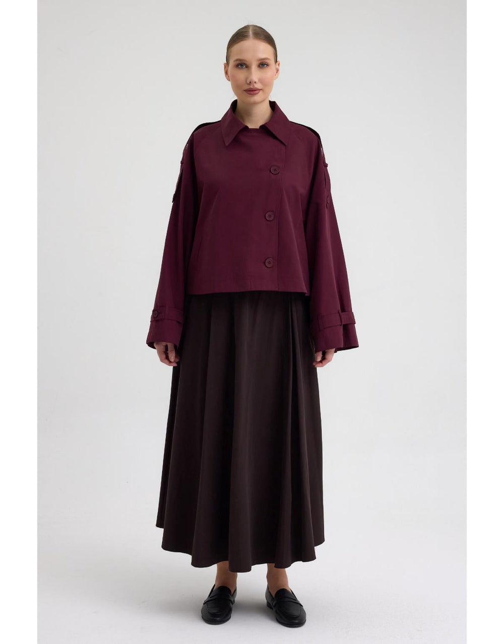 Kruvaze Kısa Trenç Bordo - Bordo