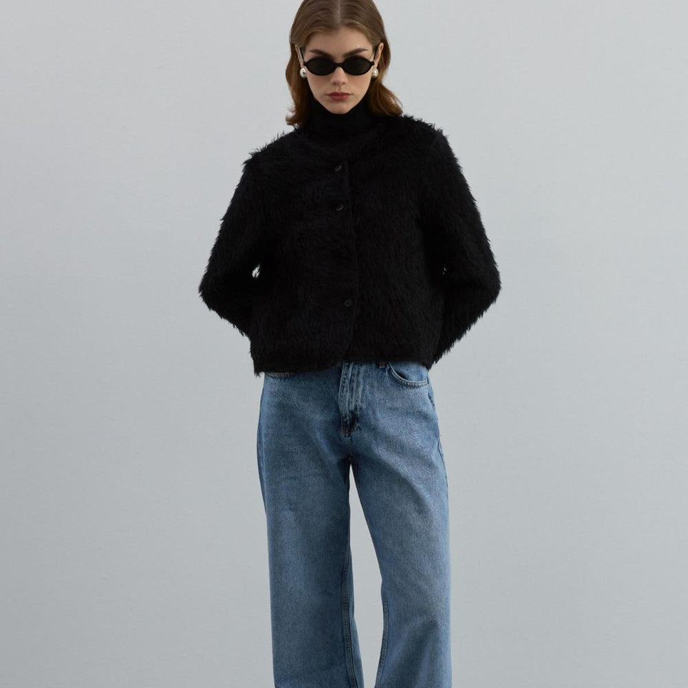 Peluş Crop Ceket Siyah - Siyah