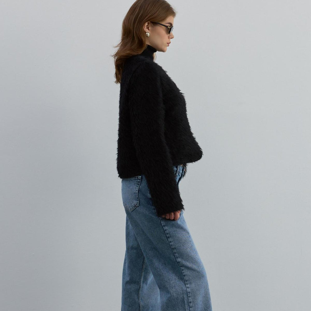 Peluş Crop Ceket Siyah - Siyah