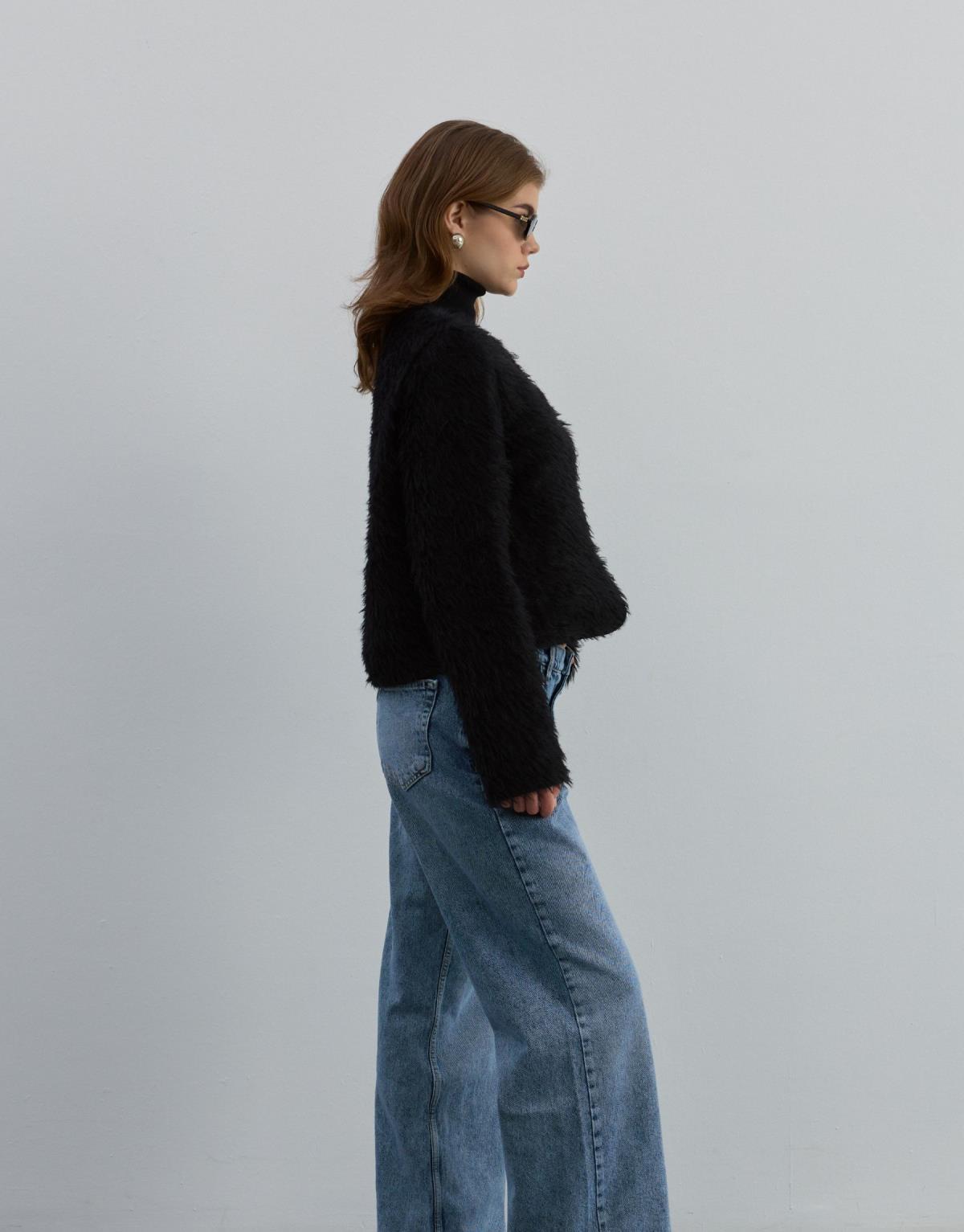 Peluş Crop Ceket Siyah - Siyah