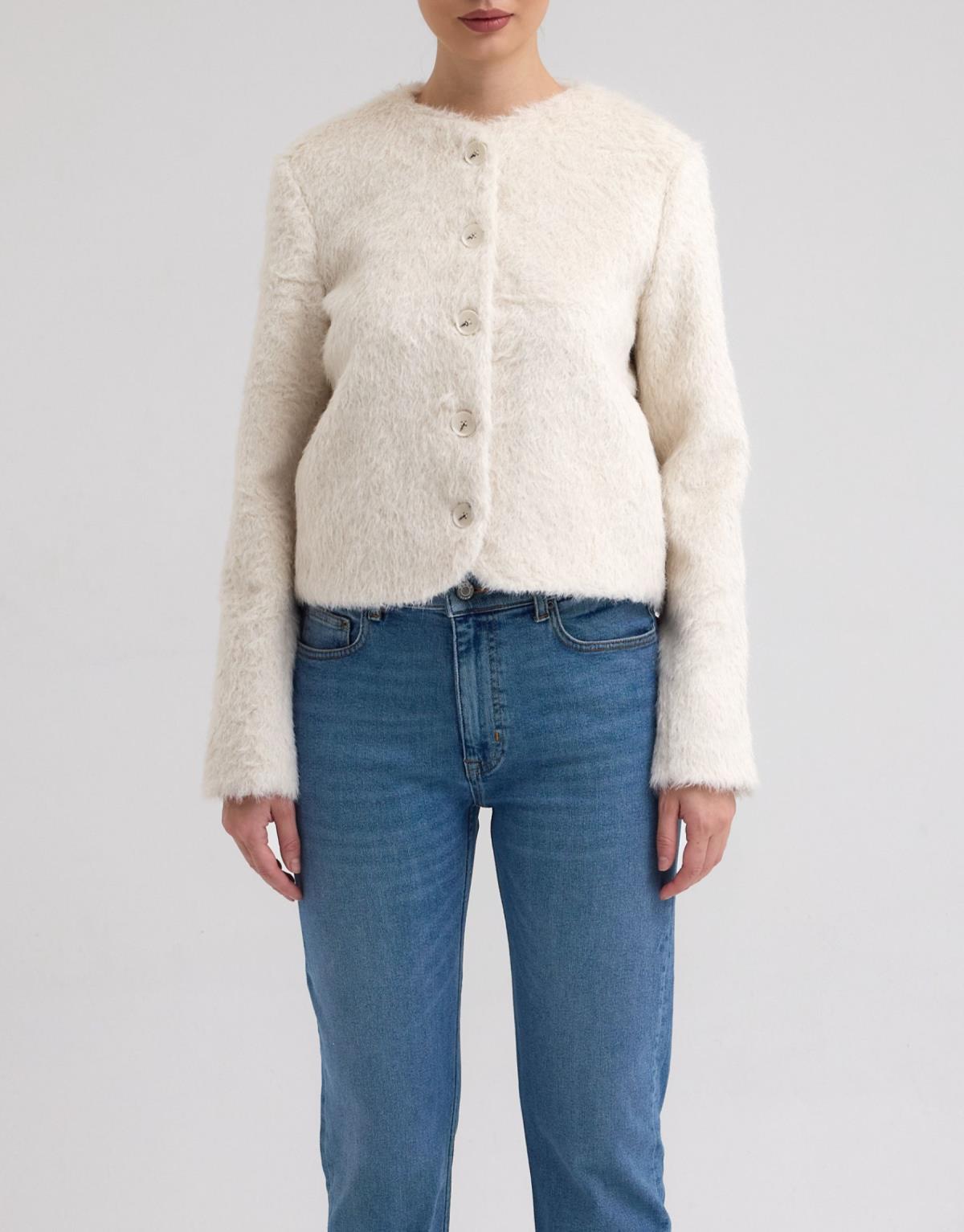 Peluş Crop Ceket Ekru - Ekru