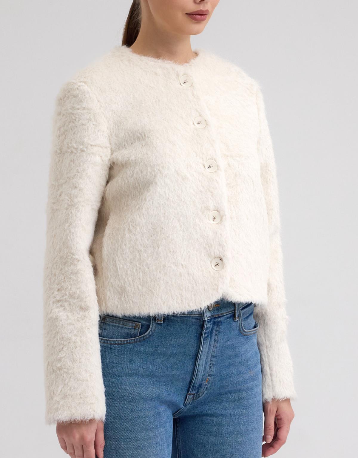 Peluş Crop Ceket Ekru - Ekru