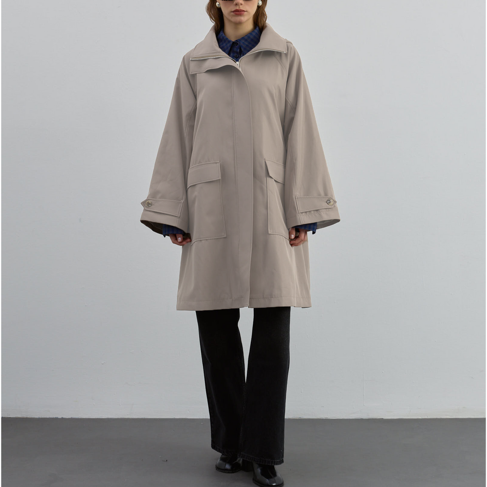 Kapüşonlu Fermuarlı Trenç Bej