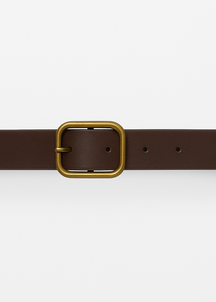 Antik Sarı Tokalı Suni Deri Kemer Kahve