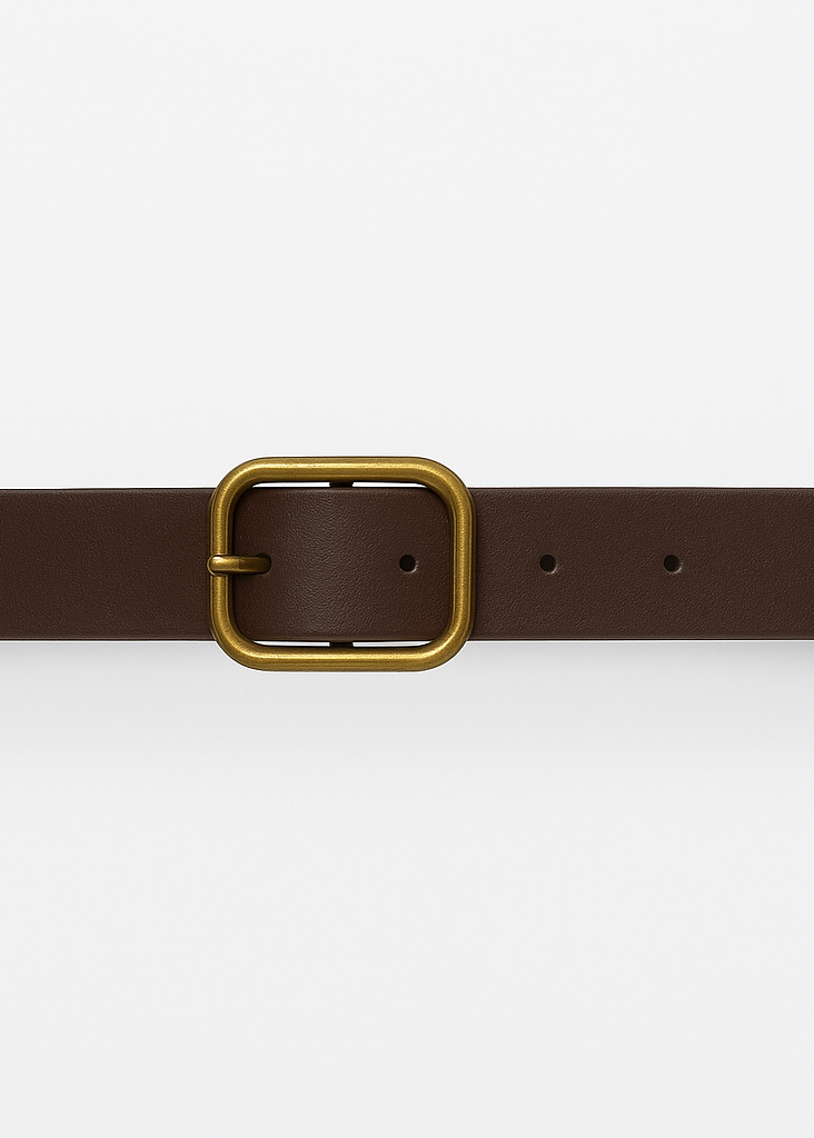 Antik Sarı Tokalı Suni Deri Kemer Kahve