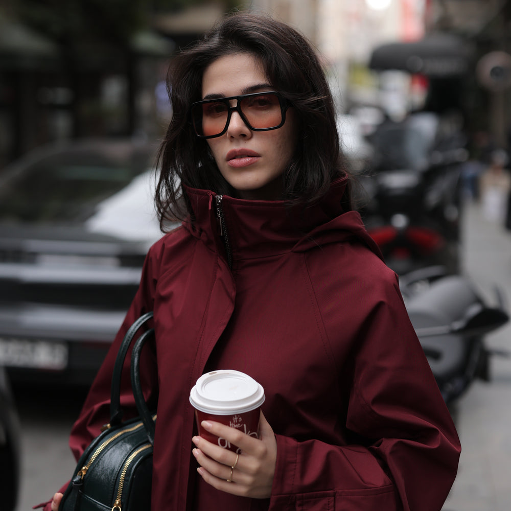 Kapüşonlu Fermuarlı Trenç Bordo