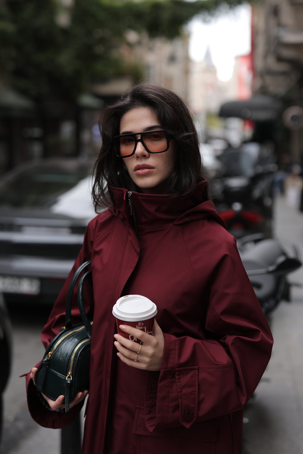 Kapüşonlu Fermuarlı Trenç Bordo