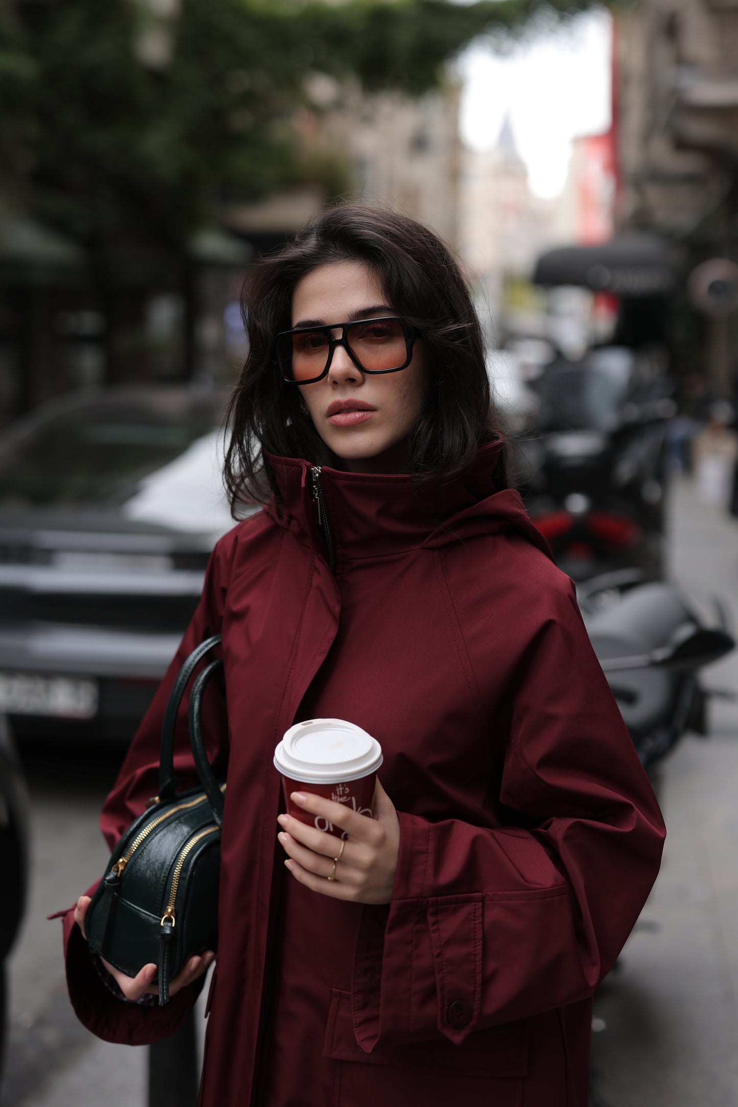 Kapüşonlu Fermuarlı Trenç Bordo