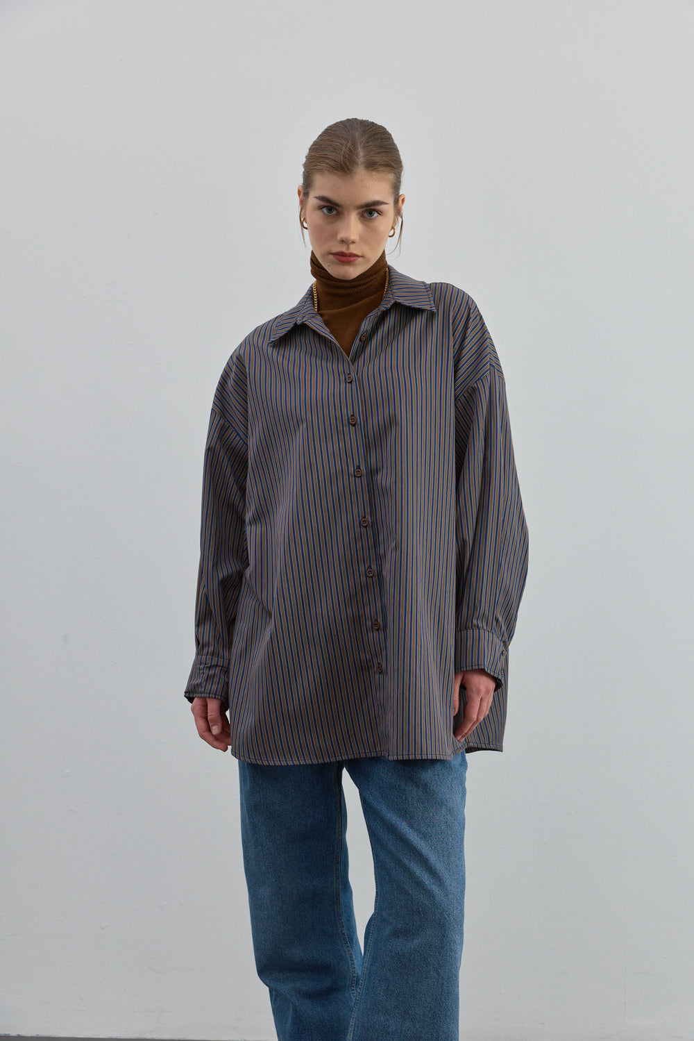 Oversize Desenli Gömlek Kahve